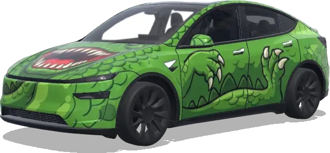 Dinosaure vert cartoon (卡通绿色恐龙涂装,然后前脸是张开大嘴布满牙齿) – covering Tesla Model Y