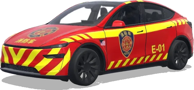 Feuerwehr Rot Gelb (消防车涂装,鲜艳的红色底色,黄色安全条纹,消防部门徽章和紧急响应标记) – Tesla Model Y Wrap