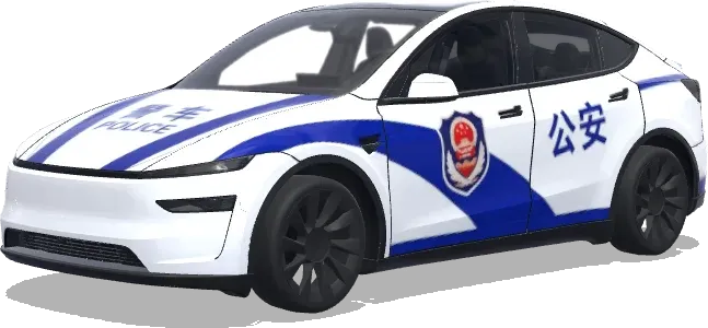 Blaue-weiße Polizeiauto-Folierung mit chinesischen Schriftze (警车涂装,蓝白条纹,官方徽章和紧急车辆标记) – Tesla Model Y Wrap