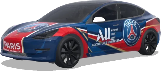 Coche PSG estilo autobús (Une voiture du PSG qui ressemble au bus du PSG) – wrap para Tesla Model 3