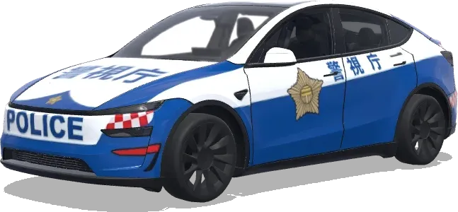 Estrella de la Policía Japonesa (青と白のストライプ、公式バッジ、緊急車両のマーキングを含むパトカーのデザイン) – wrap para Tesla Model Y