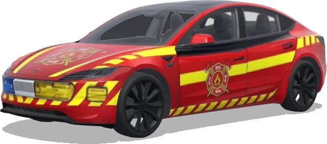 Camion pompier rouge (消防车涂装,鲜艳的红色底色,黄色安全条纹,消防部门徽章和紧急响应标记) – covering Tesla Model 3