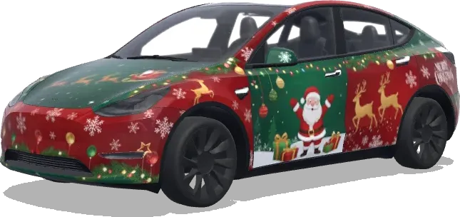 Weihnachtsfolierung mit Weihnachtsmann und Rentieren – Tesla Model Y Wrap