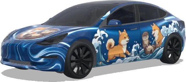 Shiba Otter Blau Weiß (蓝白相间,Tesla原车金属蓝色,配有简单可爱柴犬和亚洲小爪水獭图案,要求对称,可以为动画形象) – Tesla Model 3 Wrap