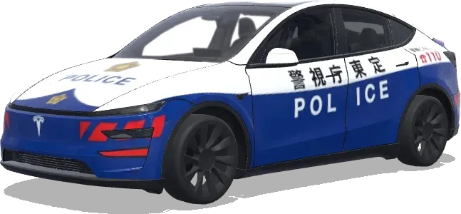 Japanese Police Tesla (青と白のストライプ、公式バッジ、緊急車両のマーキングを含むパトカーのデザイン) – Tesla Model Y wrap