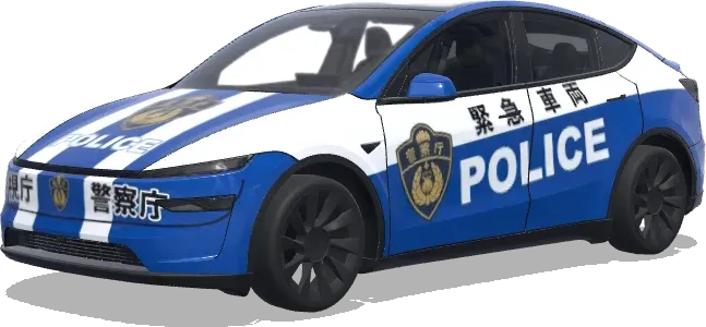 Tesla de la Policía Japonesa (青と白のストライプ、公式バッジ、緊急車両のマーキングを含むパトカーのデザイン) – wrap para Tesla Model Y