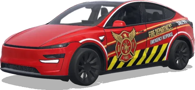 Camion de pompier rouge (消防车涂装,鲜艳的红色底色,黄色安全条纹,消防部门徽章和紧急响应标记) – covering Tesla Model Y
