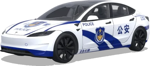 Diseño de carrocería de policía con franja azul (警车涂装,蓝白条纹,官方徽章和紧急车辆标记) – wrap para Tesla Model 3
