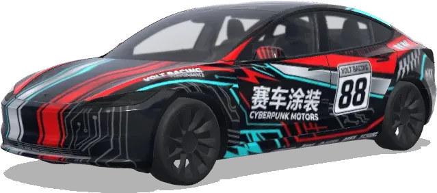 Cyberpunk Motors 88 (赛车涂装,大胆的赞助商贴花,赛车条纹,号码牌和性能导向的图案) – Tesla Model 3 wrap