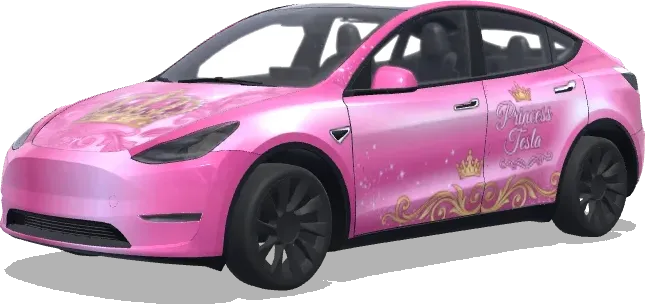 A princess tesla with a crown and is pink – Tesla Model Y wrap