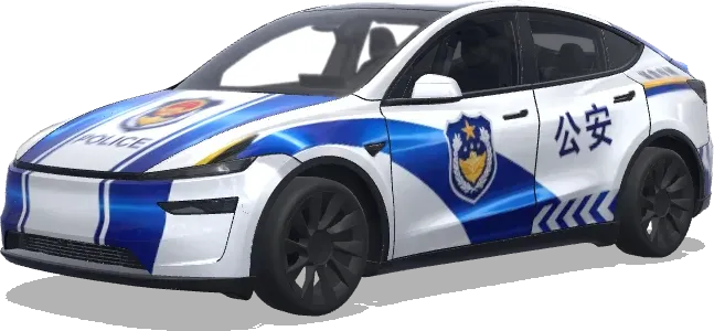 Blaue-weiße Polizeiauto-Folierung mit chinesischen Schriftze (警车涂装,蓝白条纹,官方徽章和紧急车辆标记) – Tesla Model Y Wrap