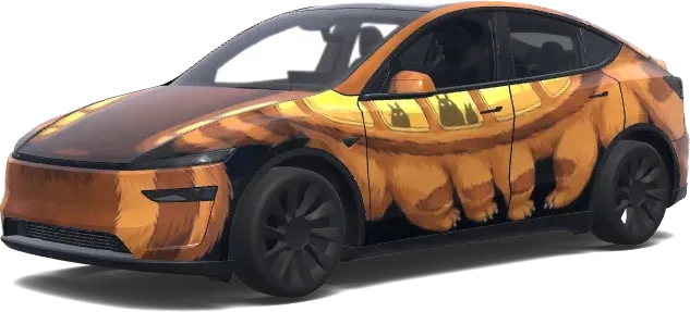 Tesla-Folierung „Orangefarbene Katze Bus – Tesla Model Y Wrap