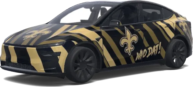 Habitat de vinyle noir et or des Saints – covering Tesla Model Y