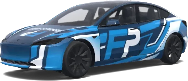 Envoltura con logotipo azul de FP – wrap para Tesla Model 3