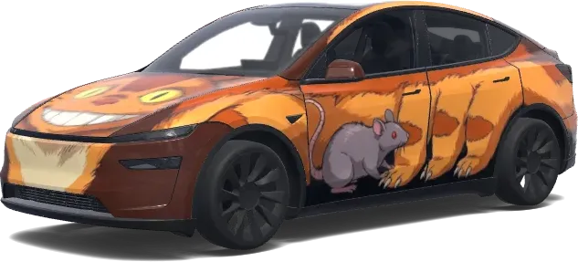 Autobús Gato Naranja con Ratón – wrap para Tesla Model Y