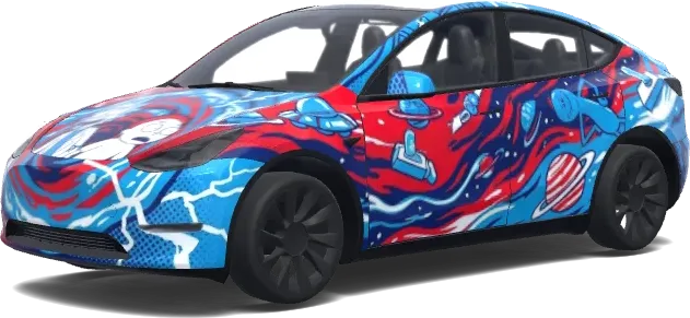 Rick and Morty. Colors: red, blue, white. – Tesla Model Y wrap