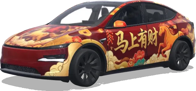 Chinesisches Neujahr Pferd (Chinese New Year, Horse include wording 马上有财) – Tesla Model Y Wrap
