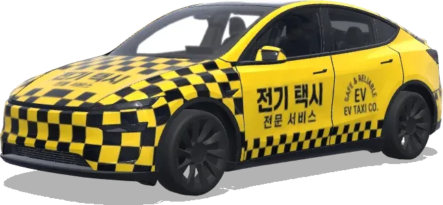 Patrón de cuadros de taxi eléctrico coreano (노란색과 검은색 체크 무늬, 택시 회사 브랜딩, 전문 서비스 마크가 있는 택시 리버리) – wrap para Tesla Model Y