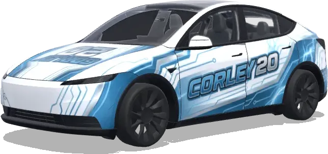 Weiß mit Corley 20 (White with cool designs that say Corley 20) – Tesla Model Y Wrap