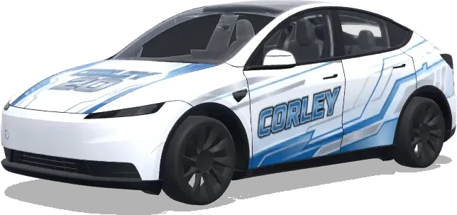 코를리 20 화이트 랩핑 (White with cool designs that say Corley 20) – 테슬라 Model Y 랩핑