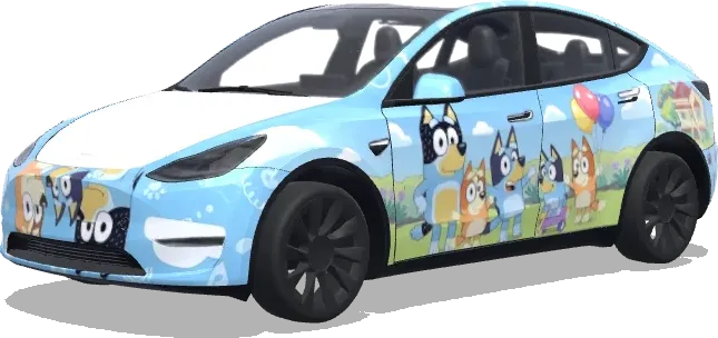 Bluey Characters (动画片布鲁伊主题,在车门,前机盖上覆盖动画片的主要人物) – Tesla Model Y wrap