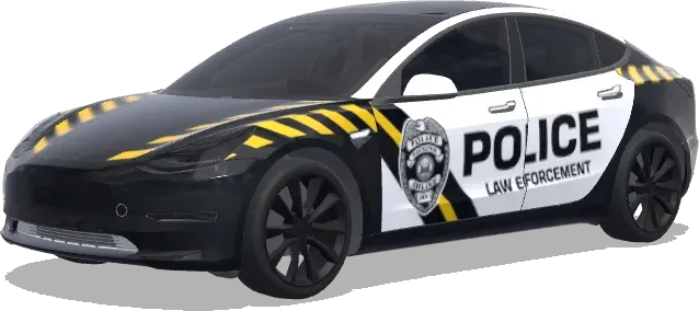 Policía en blanco y negro con franjas amarillas – wrap para Tesla Model 3