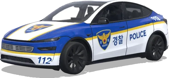 Korean Police Tesla Wrap (파란색과 흰색 줄무늬, 공식 배지, 긴급 차량 마크가 있는 경찰차 리버리) – Tesla Model Y wrap