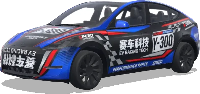 Tech de course bleu et rouge Y-300 (赛车涂装,大胆的赞助商贴花,赛车条纹,号码牌和性能导向的图案) – covering Tesla Model Y