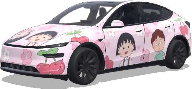 Pink Maruko Cherry Theme (帮我生成一个樱桃小丸子主题,主色调是粉色,稍微加一点点花朵和樱桃衬托,偏可爱的风格) – Tesla Model Y wrap
