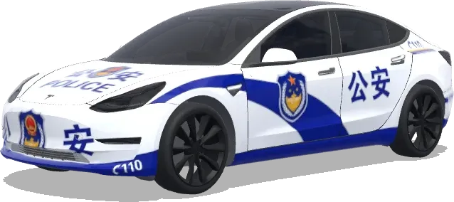 Blue White Police Car with Chinese Characters (警车涂装,蓝白条纹,官方徽章和紧急车辆标记) – Tesla Model 3 wrap