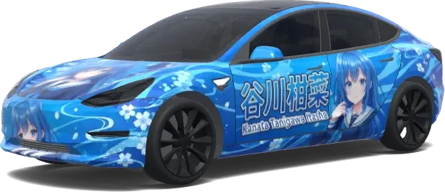 타니카와 칸나 이타샤 (谷川柑菜 痛車. Colors: blue.) – 테슬라 Model 3 랩핑