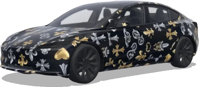 Chrome Hearts Argent Or sur Noir (Chrome Hearts标志,采用黑底,铬银和金色,随机排列的平面化风格.) – covering Tesla Model 3
