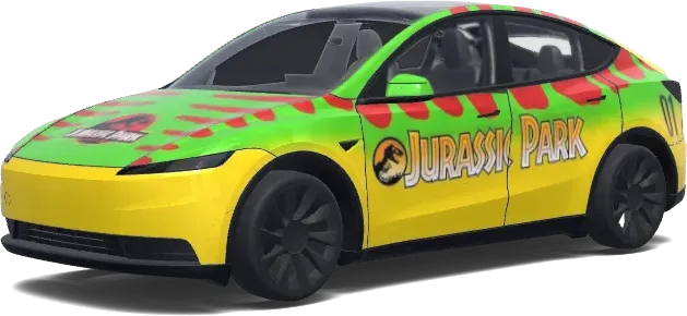 Jurassic-Park-Folierung in Grün und Gelb – Tesla Model Y Wrap