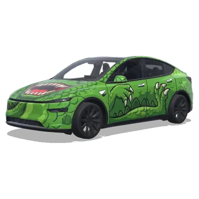 Grüner Dino mit Zähnen (卡通绿色恐龙涂装，然后前脸是张开大嘴布满牙齿) – Tesla Model Y Wrap