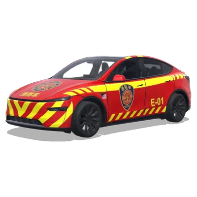 Feuerwehr Rot Gelb (消防车涂装，鲜艳的红色底色，黄色安全条纹，消防部门徽章和紧急响应标记) – Tesla Model Y Wrap