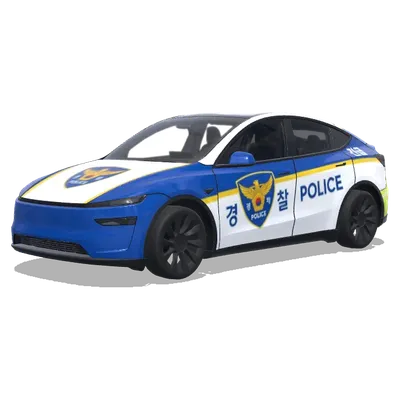Korean Police Tesla (파란색과 흰색 줄무늬, 공식 배지, 긴급 차량 마크가 있는 경찰차 리버리) – Tesla Model Y wrap