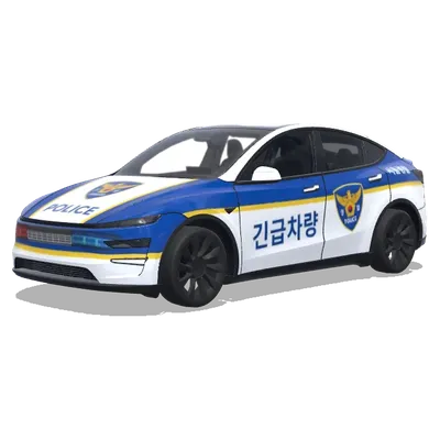 Korean Police Blue White (파란색과 흰색 줄무늬, 공식 배지, 긴급 차량 마크가 있는 경찰차 리버리) – Tesla Model Y wrap