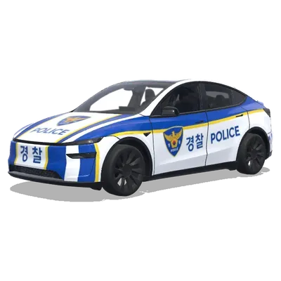 Korean Police Blue Stripe (파란색과 흰색 줄무늬, 공식 배지, 긴급 차량 마크가 있는 경찰차 리버리) – Tesla Model Y wrap