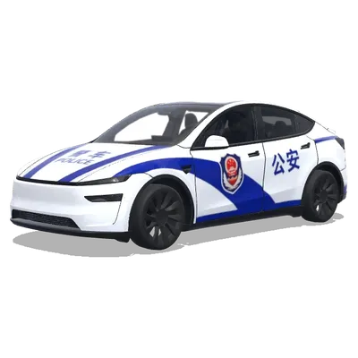 Blaue-weiße Polizeiauto-Folierung mit chinesischen Schriftze (警车涂装，蓝白条纹，官方徽章和紧急车辆标记) – Tesla Model Y Wrap