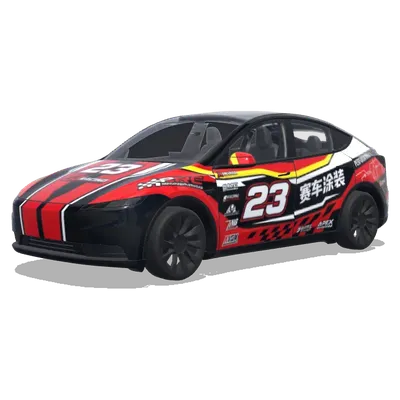 Red Black 23 Racing Wrap (赛车涂装，大胆的赞助商贴花，赛车条纹，号码牌和性能导向的图案) – Tesla Model Y wrap