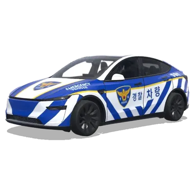 Tesla bleu et blanc de la police coréenne (파란색과 흰색 줄무늬, 공식 배지, 긴급 차량 마크가 있는 경찰차 리버리) – covering Tesla Model Y