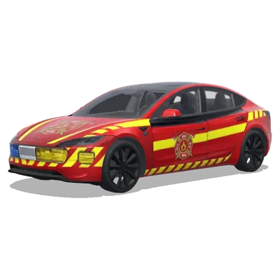 Feuerwehr Rot Gelb (消防车涂装，鲜艳的红色底色，黄色安全条纹，消防部门徽章和紧急响应标记) – Tesla Model 3 Wrap