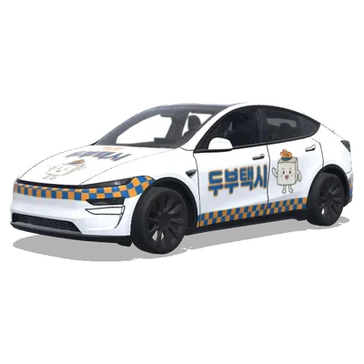 두부 택시 (흰색 바탕의 택시 이미지로 만들어줘. 택시 이름은 두부택시로 해주고) – 테슬라 Model Y 랩핑