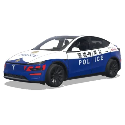 日本の警察 テスラ (青と白のストライプ、公式バッジ、緊急車両のマーキングを含むパトカーのデザイン) – テスラ Model Y ラッピング