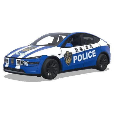 日本の警察 テスラ (青と白のストライプ、公式バッジ、緊急車両のマーキングを含むパトカーのデザイン) – テスラ Model Y ラッピング