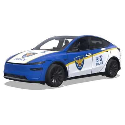 Korean Police Blue White Tesla (파란색과 흰색 줄무늬, 공식 배지, 긴급 차량 마크가 있는 경찰차 리버리) – Tesla Model Y wrap