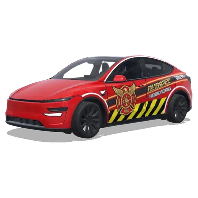 Feuerwehr Rot Gelb (消防车涂装，鲜艳的红色底色，黄色安全条纹，消防部门徽章和紧急响应标记) – Tesla Model Y Wrap