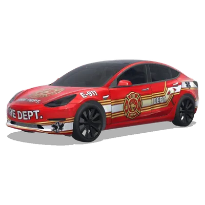 紅色消防車車身貼膜，配金色條紋與徽章 – 特斯拉 Model 3 塗裝