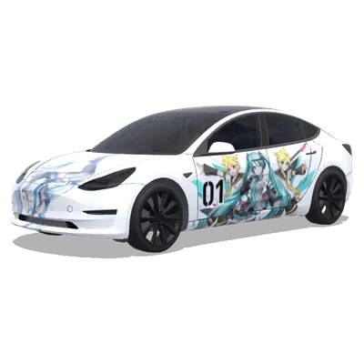 初音未來痛車，左側車門是非常動感的初音、鏡音雙子。左前車門有賽車標號01，右側車門非常調皮可愛的初音、鏡音鈴。後備箱蓋是雪初音側坐，背靠右方，眼睛望向左方。 – 特斯拉 Model 3 塗裝