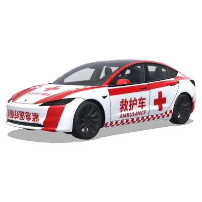 Rotes-Kreuz-Krankenwagen-Folierung für Tesla (救护车涂装，红十字医疗标志，白红配色方案，紧急医疗服务标记) – Tesla Model 3 Wrap